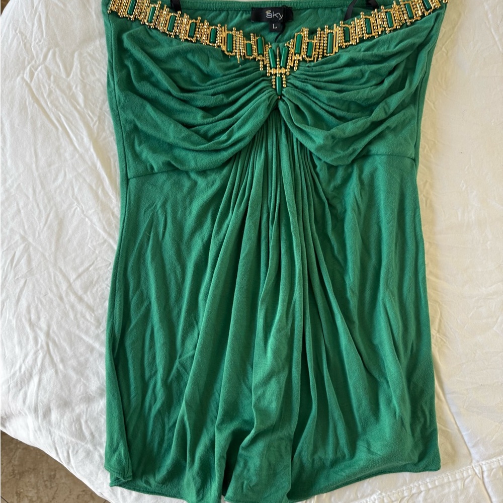 Sky Green Strapless Top with Gold Beaded Detail